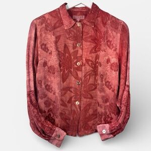 Citron Santa Monica Silk Button Up Light Red Floral Textured Blouse Small